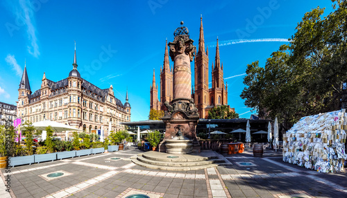 New Town Hall, brick building of the neo-Gothic Marktkirche, market square, Wiesbaden, Hesse, Germany, jul 2019