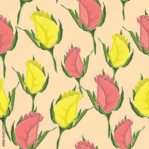 Pink yellow rose flowers seamless background