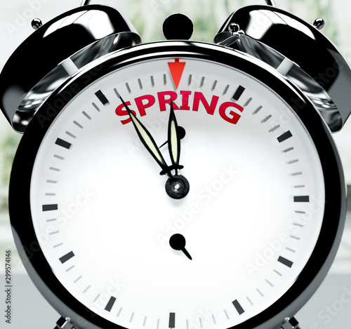 Spring soon, almost there, in short time - a clock symbolizes a reminder that Spring is near, will happen and finish quickly in a little while, 3d illustration