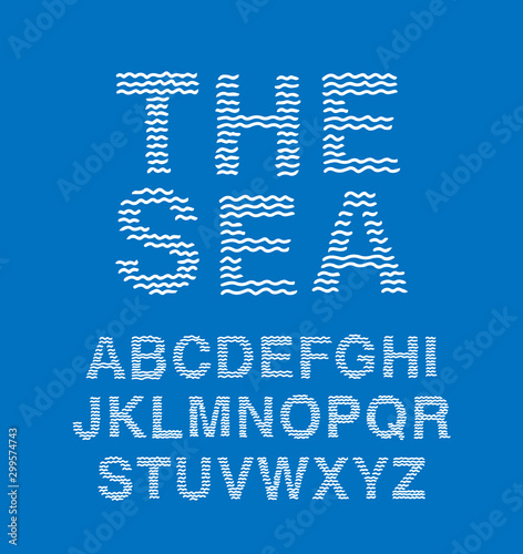 The sea hand drawn vector type font waves in cartoon comic style white blue