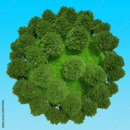 Planet with trees and grass. Eco Green miniature globe concept. 3d rendering.