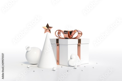Gift box with copper reflection bow ribbon, christmas tree, ornaments christmas ball, mini heart on white background 3d rendering. 3d illustration minimal style christmas and new year concept.