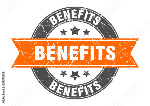 benefits round stamp with orange ribbon. benefits
