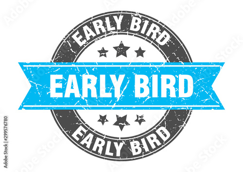 early bird round stamp with turquoise ribbon. early bird