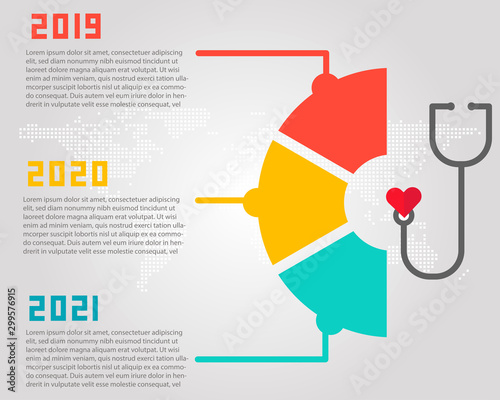 Health care or heart disease charts concept. Timeline half circles infographic, stethoscope and red hearts shape. Flat Vector design template.