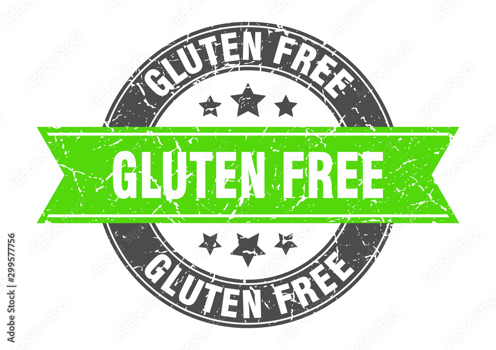 gluten free round stamp with green ribbon. gluten free