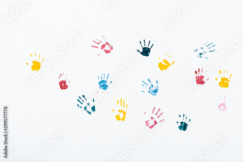 multicolored and bright hand prints on white
