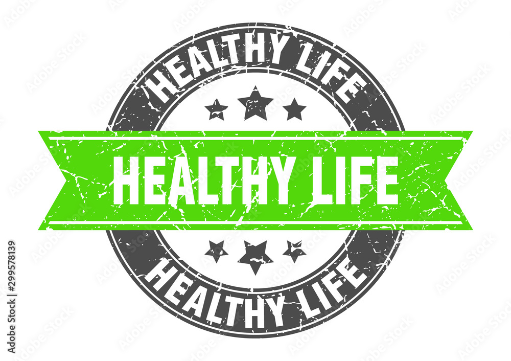 Fototapeta premium healthy life round stamp with green ribbon. healthy life