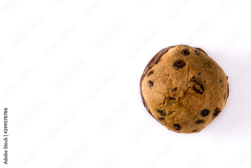 Christmas chocolate panettone cake isolated on white background. Top view. Copy space Christmas chocolate panettone cake isolated on white background. Top view. Copy space