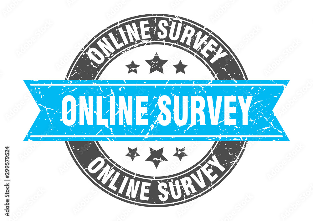 online survey round stamp with turquoise ribbon. online survey