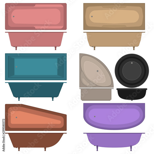 Set of icons bathtubs and washbasins. Top view and side. Bathtubs of different style and shape. Isolated on white background. Vector illustration.