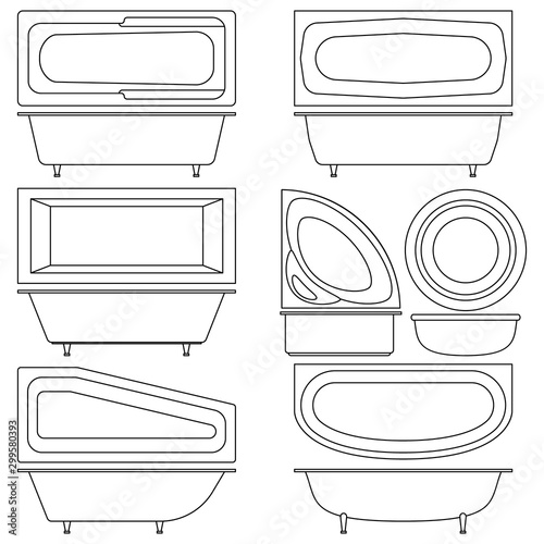 Set of icons bathtubs and washbasins. Top view and side. Bathtubs of different style and shape. Isolated on white background vector illustration. Transparent and outline icons.