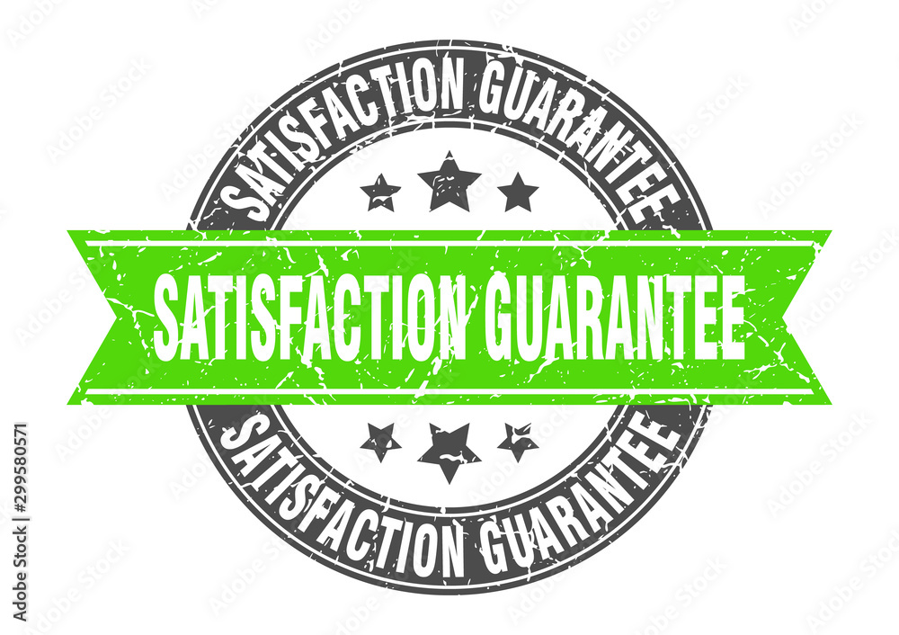 Obraz premium satisfaction guarantee round stamp with green ribbon. satisfaction guarantee