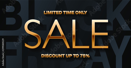 Black Friday black and Sale golden lettering on black background. Vector banner template layout for social networks post, website, email or marketing.