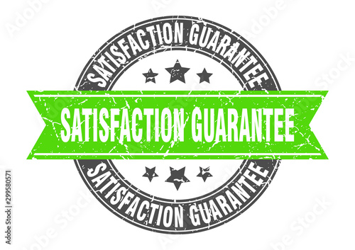 satisfaction guarantee round stamp with green ribbon. satisfaction guarantee