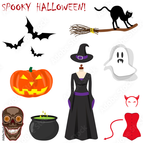 Halloween icons set. Ghost, bat, cat, broom, cauldron of magic potion, witch hat, pumpkin lantern, skull. Vector illustration on white background.