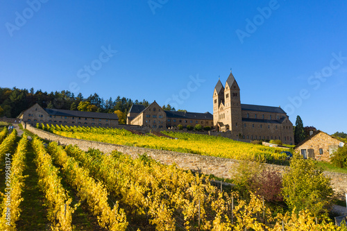 Die herbstlich verfärbten Weinberge und die Abtei St. Hildegard bei Rüdesheim am Rhein/Deutschland