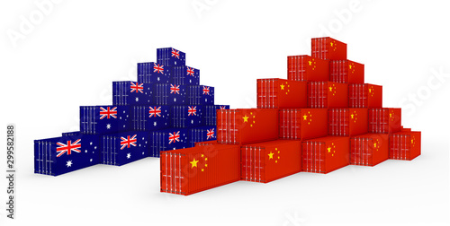 Photography 3D Illustration of the group Cargo Containers with Australia and China Flag on white background