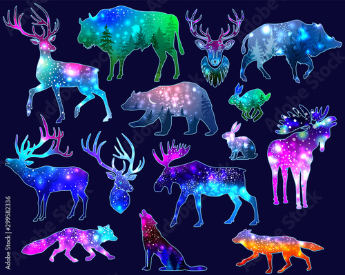 Silhouettes of animals with space galaxy background