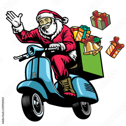 santa claus riding old scooter with bunch of christmas presents