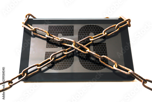 Rusty chains around the tablet with 5g sign. Stop worldwide internet. Addicted to modern technologies. Isolated on white background.