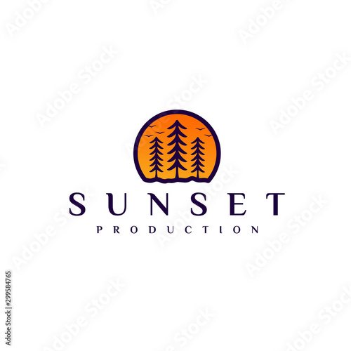 Simple Luxury Sunset/ Sunrise Evergreen Pine Trees Vector Logo design