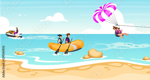 Couple activities flat vector illustration. Extreme sports. Riding boat, scooter. Teamwork parachuting. Water outdoor activities. Active lifestyle, fun entertainment. Sports people cartoon characters