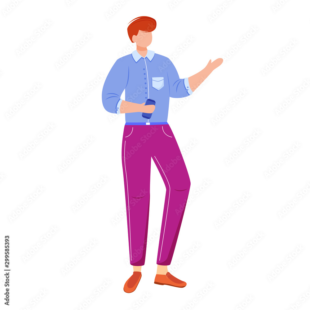Office worker flat vector illustration. Company manager, employer. Confident entrepreneur, businessman. Man in formal clothes with smartphone isolated faceless cartoon character on white background