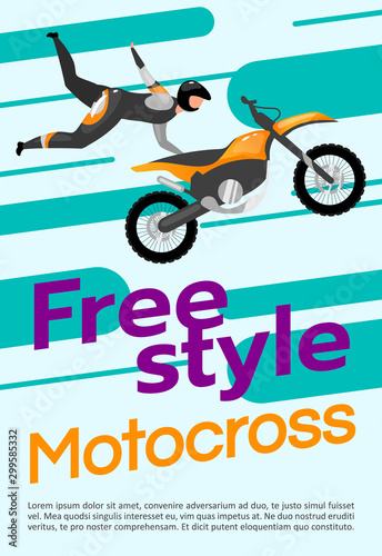 Freestyle motocross poster vector template. Extreme sport. Brochure, cover, booklet page concept design with flat illustrations. Motorcycle stunts. Advertising flyer, leaflet, banner layout idea