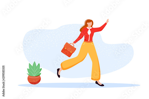 Office worker flat vector illustration. Employee with briefcase going to meeting. Female staff member hurrying to workplace. Candidate going to interview. Faceless cartoon character