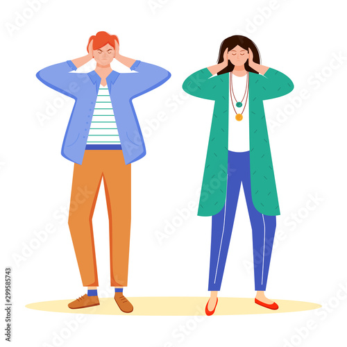 Trouble relationship flat vector illustration. Family conflict. Married couple problem. Husband and wife misunderstandment. Boyfriend and girlfriend isolated cartoon character on white background