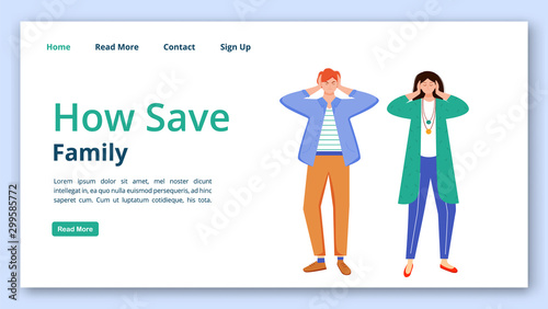 How save family landing page vector template set. Trouble relationship website interface idea with flat illustrations. Married couple misunderstanding homepage layout, webpage cartoon concept