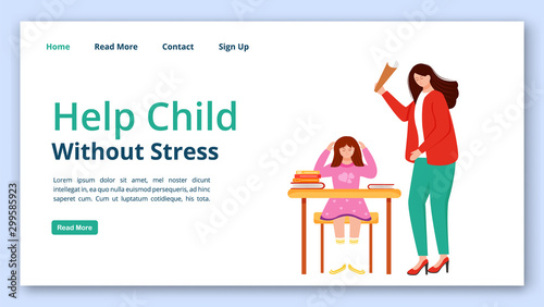 Help child without stress landing page vector template. Trouble relationship website interface idea with flat illustrations. Teacher, parent scolding pupil homepage layout, webpage cartoon concept