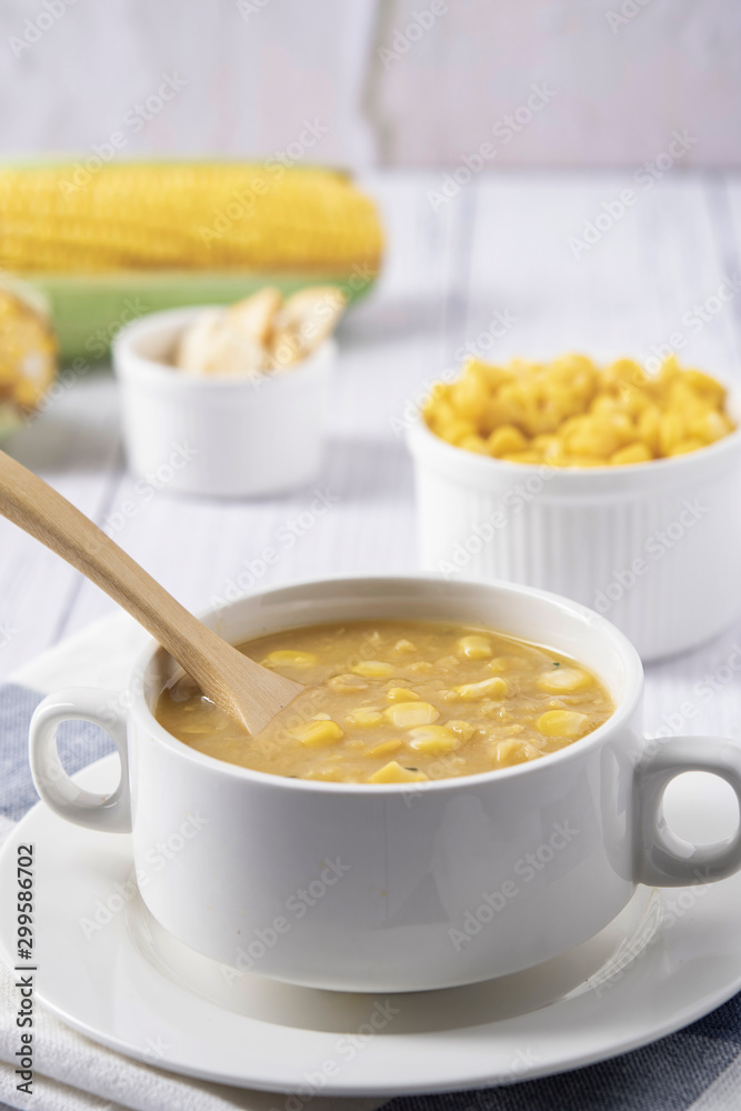 Corn soup in bowl. Corn soup in white bowl Corn soup in bowl. Corn soup in white bowl