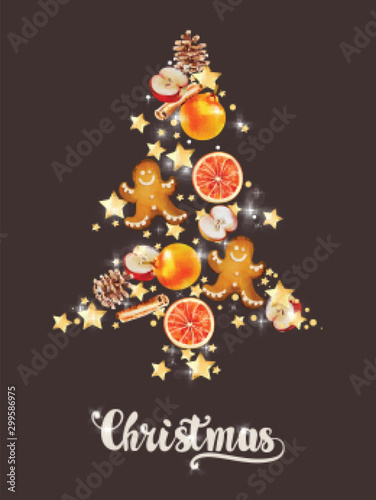 Christmas tree made from shiny stars, cinnamon sticks, conifer cone, apple, orange slices, gingerbread man cookie. Holiday vector