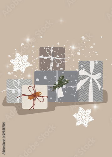 Christmas random sizes gift boxes with ribbons. Snow falling from upside. Hol...