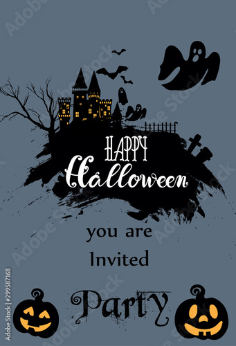 Happy halloween invitation card with light up pumpkins, castle, ghost and dar...