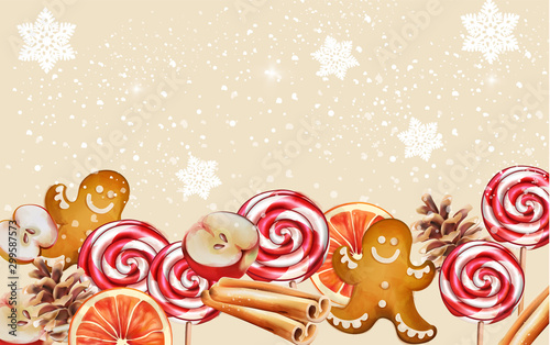 Christmas banner with gingerbread cookie, orange slices, half apple, conifer cone and cinnamon sticks. Snow falling Holiday snacks vector