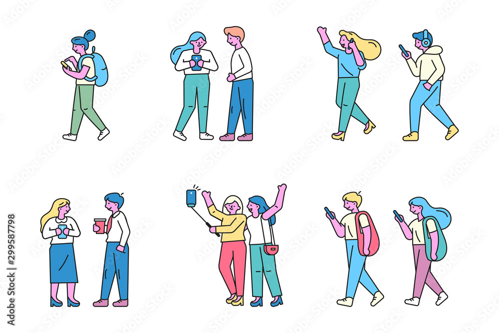Group of male and female cartoon characters with mobile phones. Young men and women holding smartphones, talking, taking selfie. Modern people. Flat vector illustration.