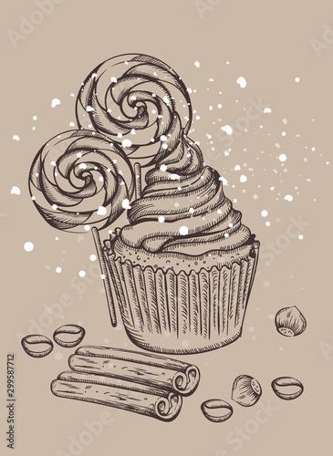 Cupcake with lollipops covered in snow. Cinnamon sticks, walnut and coffee be...