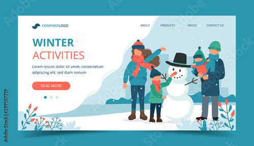 Family making a snowman in winter. Landing page template. Cute vector illustration in flat style.