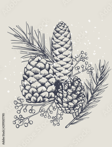 Conifer cones with fir tree leaves and berries. Snow falling. Christmas holid...
