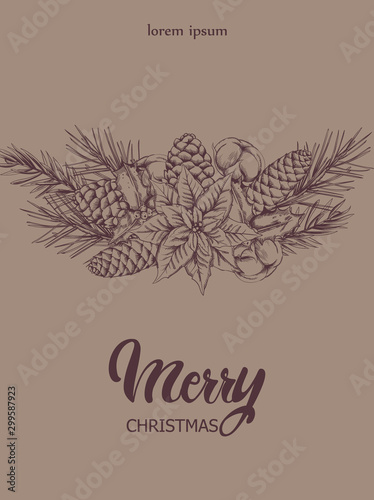 Christmas composition with conifer cones, fir tree leaves, flowers and berrie...