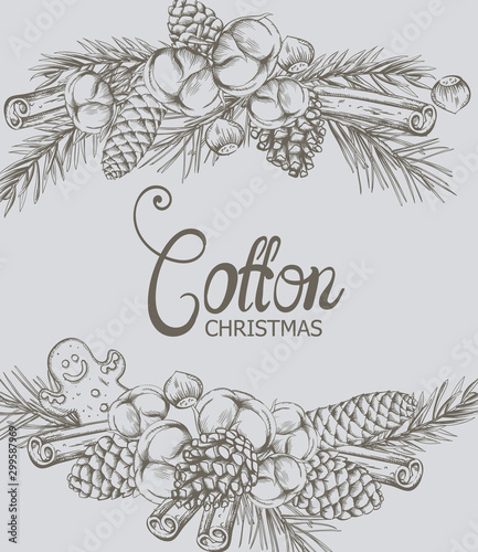 Cotton christmas composition with flowers, conifer cone, gingerbread cookie, ...