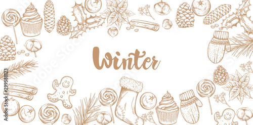 Winter decorations banner with mittens, cinnamon sticks, cotton, lollipops, s...