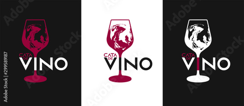 Wine glass illustration with liquid effect. Wine tasting text in Spanish "Cata de vino".