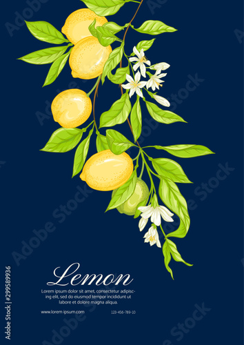Lemon tree branch with lemons, flowers and leaves. Template for wedding invitation, greeting card, banner, gift voucher, label. Colored vector illustration..