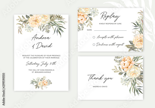 Wedding cards design. Creamy rose flowers, dark green leaves bouquets. Vector illustration. Floral arrangements. Invitation template background 