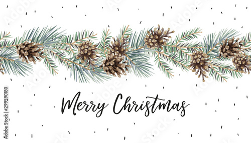 Xmas garland with text Merry Christmas, white background. Green pine, fir twigs, cones. Vector illustration. Nature design. Greeting card, poster template. Winter holidays. Seamless border