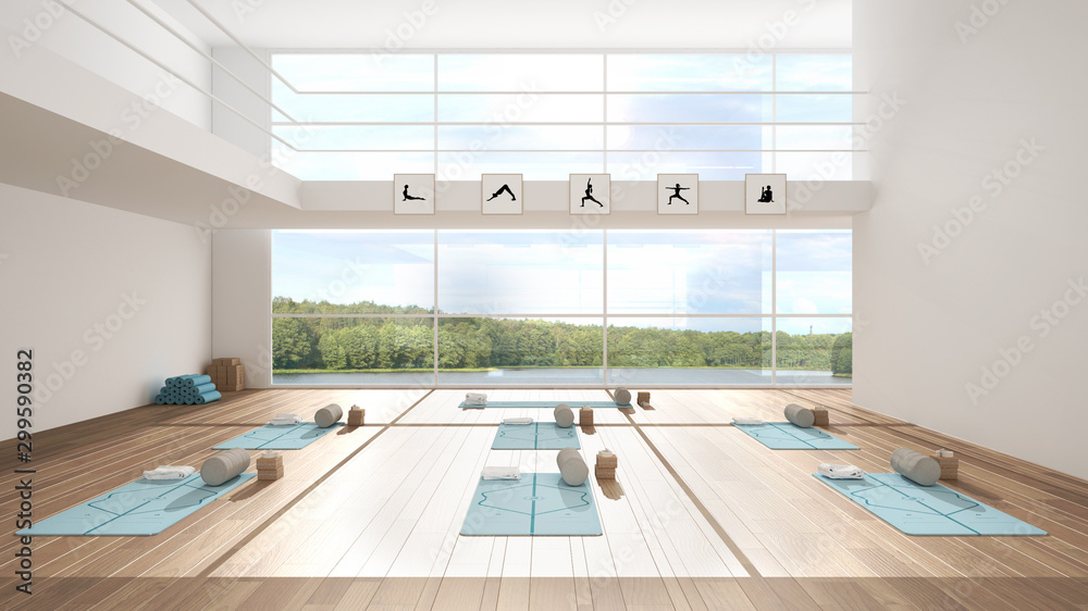 Empty yoga studio interior design architecture, minimal open space, spatial  organization with mats, and accessories, ready for yoga practice, panoramic  window with lake panorama Stock Illustration